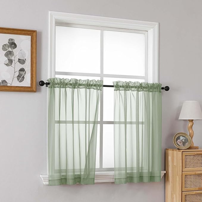 Sage Green Small Sheer Curtains Tier 24 Inches Length 2 Pieces, Light Filtering Cafe Curtains for Living Room Bathroom, Modern Window Treatments Dual Rod Pocket Panels, 2X42Wx24L Inches