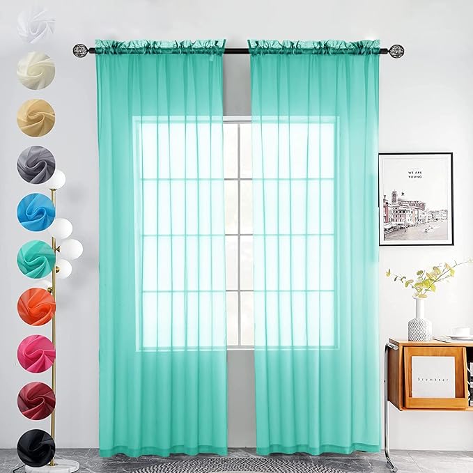youleyar Solid Sheer Rod Pocket Curtain Voile Draperies 2 Panels White Beige Black Grey Coffee 52 Inch Width 96 Inch Long 1 Pair for Kitchen Bedroom Children Living Room Yard (Turquoise,52Wｘ96L)