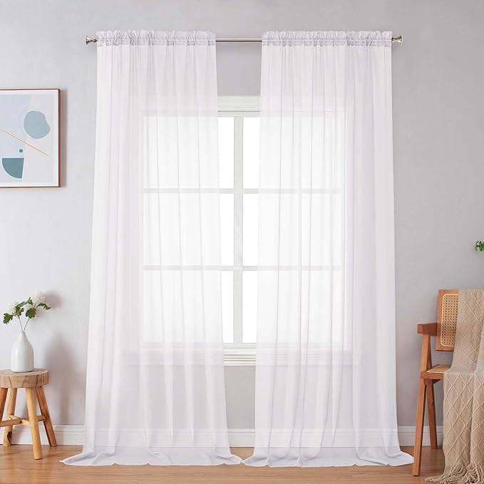 Simplebrand Sheer White Curtains 108 Inches Long, Extra Long Rod Pocket Solid Color Window Sheer Curtain Panels, Elegant Curtains & Drapes for Living Room, Bedroom 2 Panels (White, 59" W x 108" L)