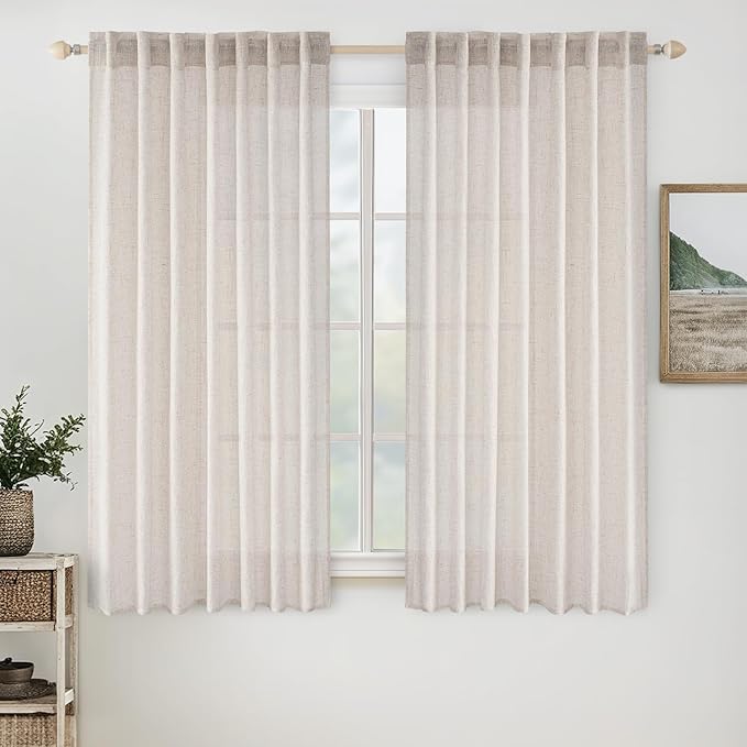 MIULEE White Linen Curtains 63 Inch Length 2 Panels for Bedroom Living Room, Soft Thick Linen Textured Natural Window Drapes Semi Sheer Light Filtering Back Tab Rod Pocket Burlap Look Decor