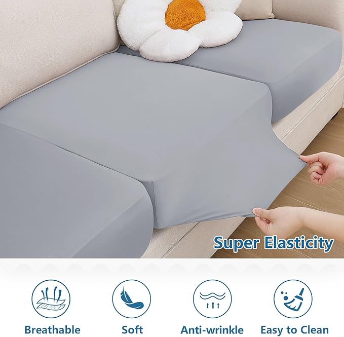 hyha Milk Silk Couch Cushion Covers, Soft Magic Sofa Covers Washable for 3 Cushion Couch, Stretch Sectional Outdoor Cushion Covers for Patio Furniture with Elastic Bottom(3 Packs, Grey)