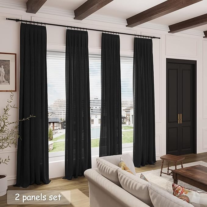 Nanspring Black Semi Sheer Linen Curtains 78 inch Length for Living Room Back Tab Rod Pocket Modern Farmhouse Coastal Decor Black Cotton Textured Gauze Curtains for Dining Room Office 52x78