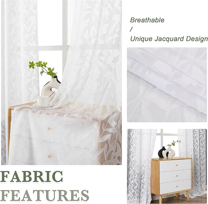 Lecloud Leia White Sheer Curtains 45 Inch Length 2 Panels, Elegant Balance Light & Privacy Jacquard Textured Leaf Voile Curtains, Dual Rod Pockets Drapes for Bedroom Living Room, 28" W x 45" L