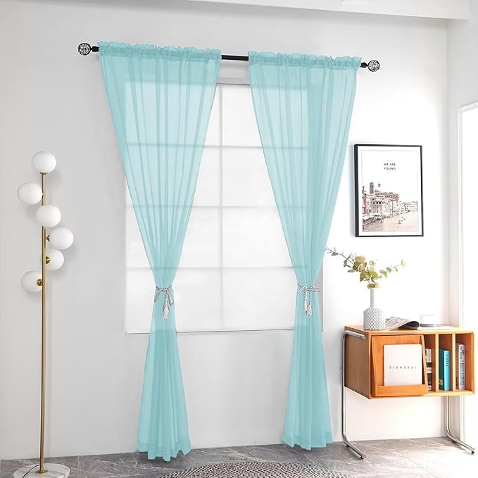 youleyar Solid Sheer Rod Pocket Curtain Voile Draperies 2 Panels White Beige Black Grey Ivory 52 Inch Width 84 Inch Long 1 Pair for Kitchen Bedroom Children Living Room Yard (Sky Blue,52Wｘ84L)