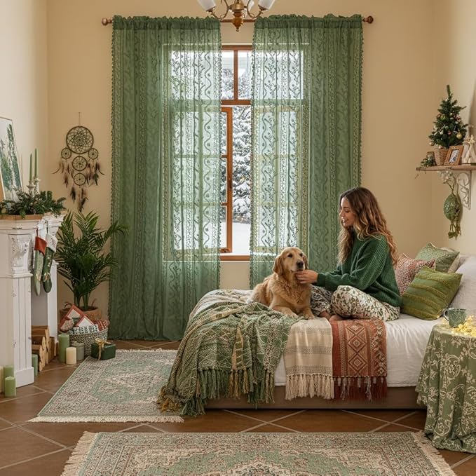 WAZZIO Boho Lace Curtains 2 Panels 84 Inches -Vintage Victorian Sheer Panel Drape French Country Floral Pattern & Tassel Light Filtering Privacy for Bedroom Dining Living Room,Dark Sage Green,W52x L84
