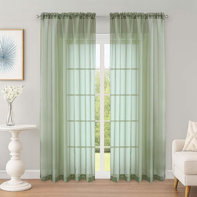 OWENIE Sheer Curtains 84 Inches Long 2 Panels Set, Sage Green Sheer Curtain for Living Room Bedroom, Modern Filmy Rod Pocket Curtains Drapes, 2 Pcs, Each 59 W x 84L, Sage Green