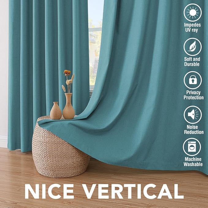 H.VERSAILTEX Linen Blackout Curtains 45 Inches Long 100% Absolutely Blackout Thermal Insulated Textured Linen Look Curtain Draperies Anti-Rust Grommet, Energy Saving with White Liner, 2 Panels, Teal