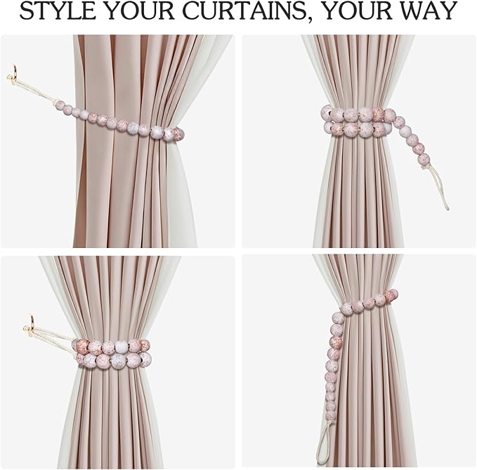 Hion 4 Pcs Boho Curtain Tiebacks,Wood Beads Curtain Holdbacks,Outdoor Farmhouse Tie Backs for Curtains,Curtain Holders for Drapes Home Office Decor with Hooks(White Washed)