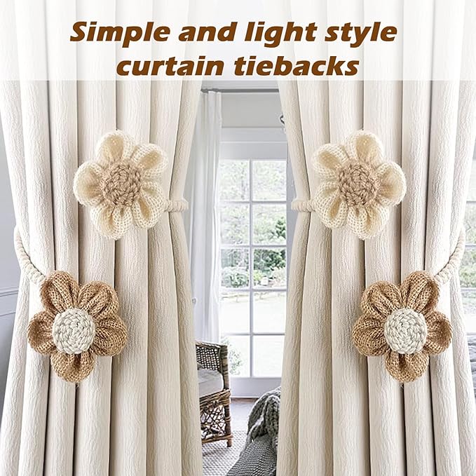 SRG Rope Curtain Tiebacks 2 Pack | Sunflower Curtain Tieback Boho | Simple Elegant DIY Curtain Holdbacks | Accessories Wall Decoration for Home Office | Cream&Khaki