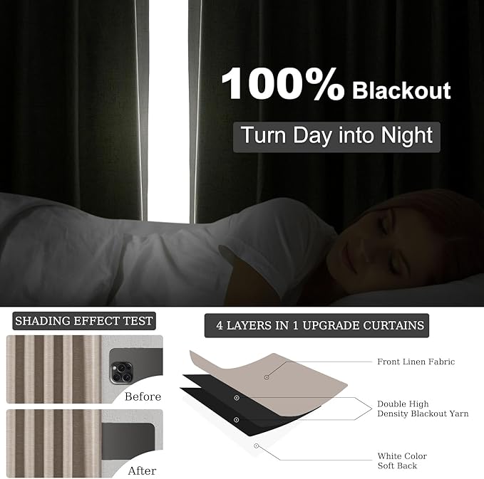Topfinel 90 Inch Long Blackout Curtains for Sliding Glass Door, Tweed Light and Draft Blocking Drapes for Living Room Traverse Ring Top Heavy Duty Lined Cottagecore Bay Window Curtains 2 Pack