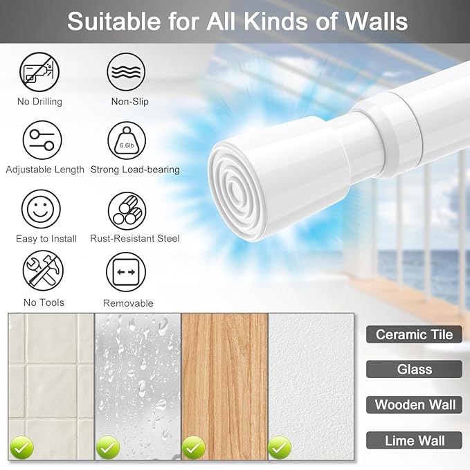 AIZESI Spring Tension Rods Adjustable Tension Curtain Rod Small Tension Rod No Drilling Expandable Spring Loaded Curtain Tension Rod（White,18" to 28"-6Pcs)