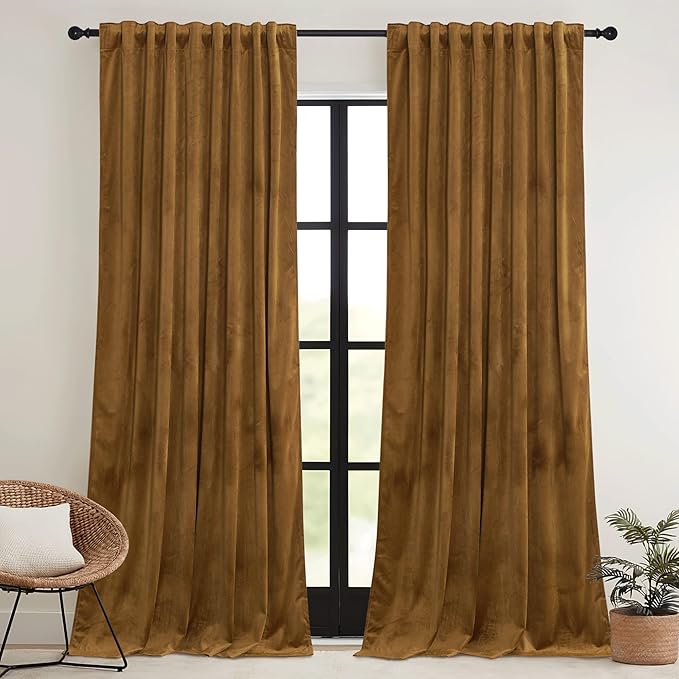 RYB HOME Brownish Gold Velvet Curtains 96 inch, Retro Vintage Room Darkening Window Curtains for Living Room Thermal Insulated Shades with Pleat Tape Pocket & Tabs for Bedroom, W52 x L96 inch, 2 Panel