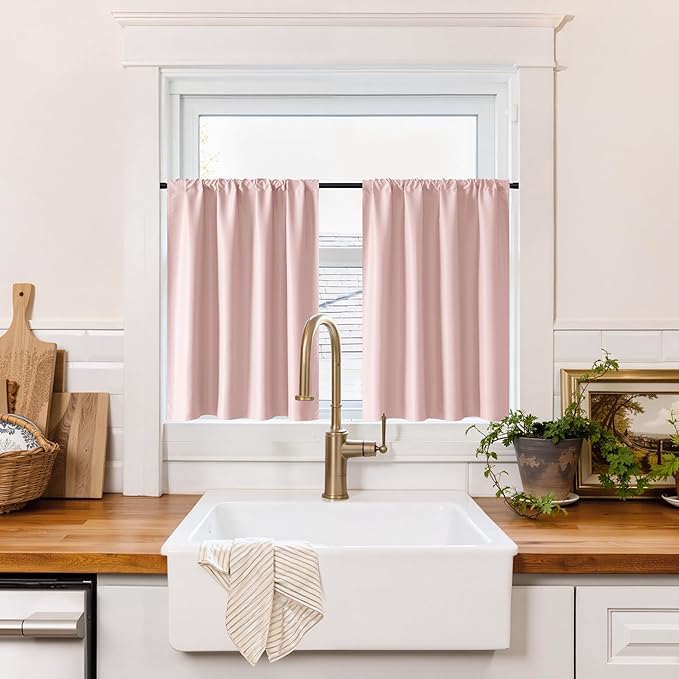 RYB HOME 100% Blackout Bathroom Curtains Over Sink 24 inches Long, Heat & UV Blocking Total Room Darkening Noise Reducing Curtains for Basement RV Campers, Baby Pink, 2 Panels Set