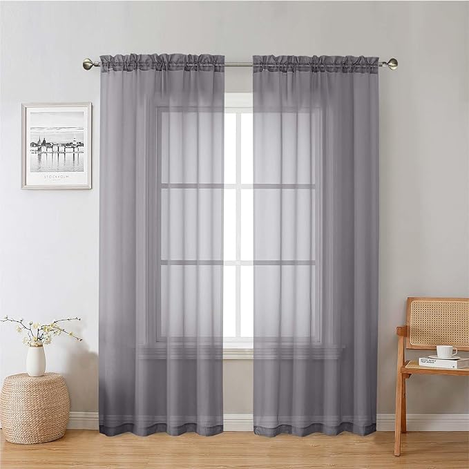 Lecloud Charcoal Grey Sheer Curtains 78 Inches Long 2 Panels, Light Filtering Voile Breathable Curtains, Privacy Solid Window Treatments with Rod Pocket for Bedroom Living Room, Each 42" W x 78" L