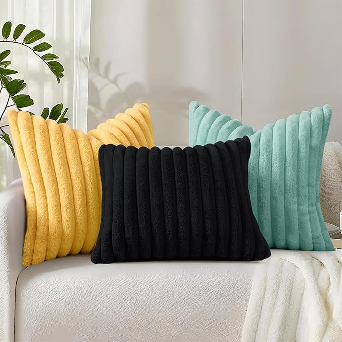decorUhome Summer Cozy Faux Fur Throw Pillow Covers 16x16 Set of 2 Decorative Soft Plush Striped Modern Farmhouse Boho Couch Pillow Cases with Velvet Back for Sofa Bed Living Room, Aqua