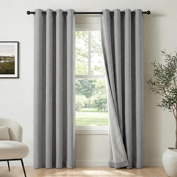 100% Blackout Shield Grey Blackout Curtains for Bedroom, Grommet Linen Curtains for Living Room, Thermal Insulated Room Darkening Drapes for Nursery, Boho Home Decor, 50" W x 84" L, 2 Panels