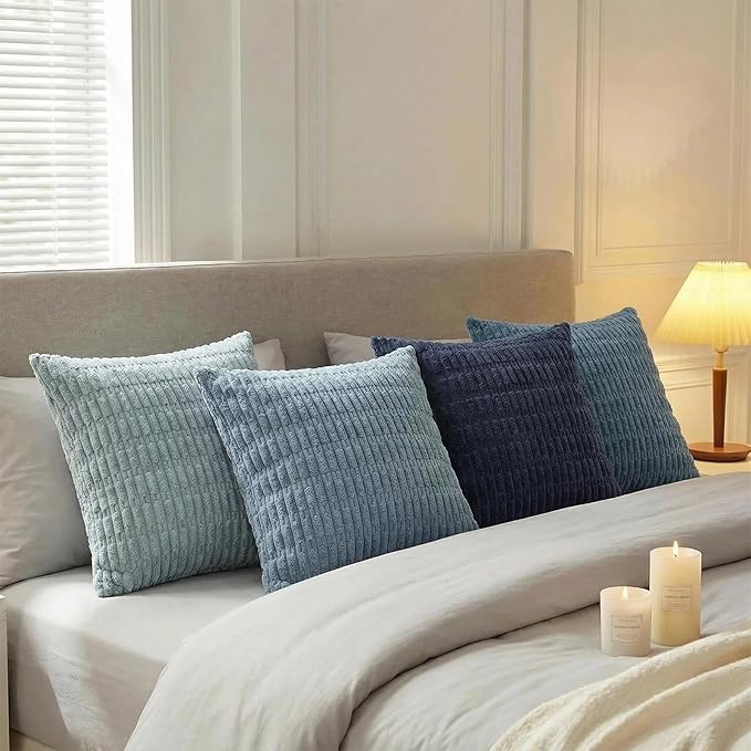 Fancy Homi Set of 4 Blue Decorative Throw Pillow Covers 18x18 Inch for Couch Bed Chair, Modern Farmhouse Boho Room Decor, Soft Fuzzy Corduroy Textured Striped Coastal Blue Cushion Case 45cm