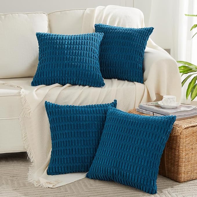 Fancy Homi 4 Packs Teal Decorative Throw Pillow Covers 22x22 Inch for Living Room Couch Bed Sofa, Rustic Farmhouse Boho Home Decor, Soft Striped Corduroy Square Cushion Case 55x55 cm