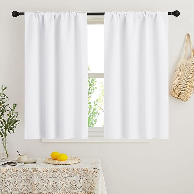RYB HOME Short Curtains for Bedroom, Room Darkening Insulated Summer Heat Light UV Blocking Energy Saving Drapes for Nursery, Width 34 by Length 45, Pure White, Set of 2