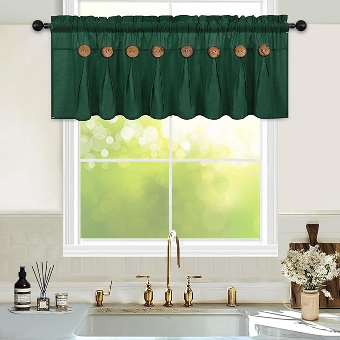 FRAMICS Farmhouse Valance Curtains, Boho Cotton Linen Kitchen Valance, Green Rustic Button Window Valances for Kitchen Bathroom, Country Rod Pocket Valances for Windows Christmas, Green, 52 x 18 Inch