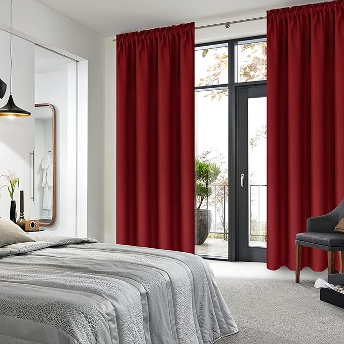 DWCN Christmas Blackout Curtains Room Darkening Thermal Insulated Bedroom Curtains Window Curtain Panels, 38 x 84 inches Long, Set of 2 Burgundy Rod Pocket Drapes