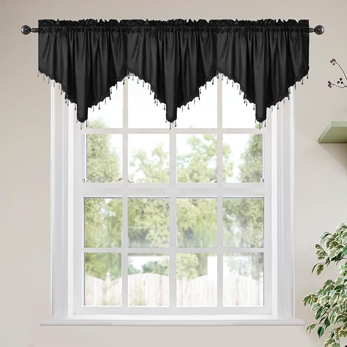 Molaxhome Swag Curtain 51 inch Length Rod Pocket Scalloped Curtain Valance Sheer Lace Panels with Hanging Crystal Beads for Kitchen Bedroom Window Treatments Drape Decor 1pc (Cloth Black, 51Wx23L)