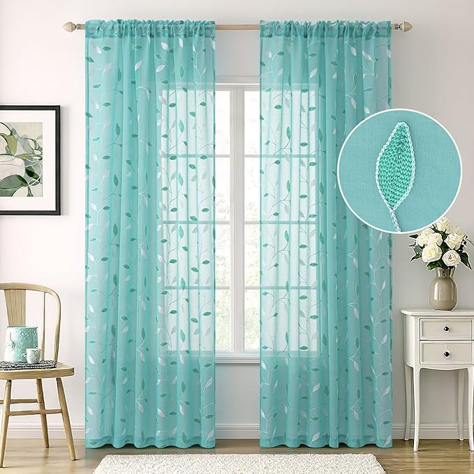 MIULEE Turquoise Sheer Curtains 2 Panels Embroidered Leaf Patterned Rod Pocket Floral Semi Sheer Faux Linen Window Curtains Drapes Set for Living Room Bedroom Dining Room, 52x63 Inches Long