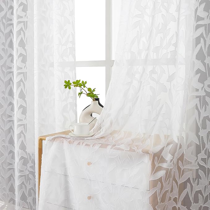 Lecloud Leia White Sheer Curtains 108 Inches Long 2 Panels, Airy Jacquard Leaf Textured Voile Curtains, Gauzy Aesthetic Drapes with Dual Rod Pockets for Living Room Bedroom, Each 52" W x 108" L