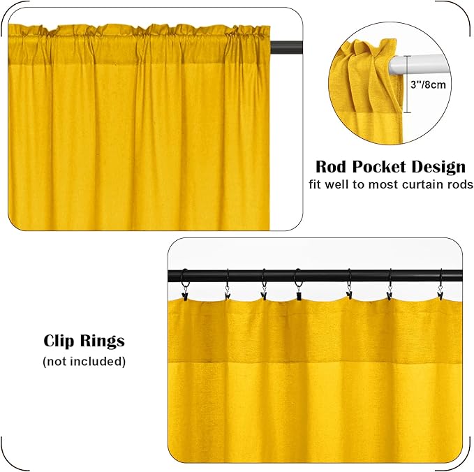 FRAMICS Farmhouse Valance Curtains, Boho Cotton Linen Kitchen Valance, Yellow Rustic Button Window Valances for Kitchen Bathroom, Country Rod Pocket Valances for Windows, Yellow, 52 x 18 Inch