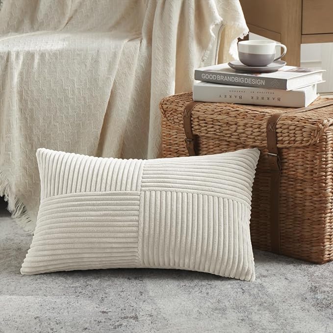 Fancy Homi 2 Packs Cream Lumbar Decorative Throw Pillow Covers 14x22 Inch for Living Room Couch Bed Sofa, Rustic Farmhouse Boho Home Decor, Soft Striped Corduroy Rectangle Accent Cushion Case 35x55 cm