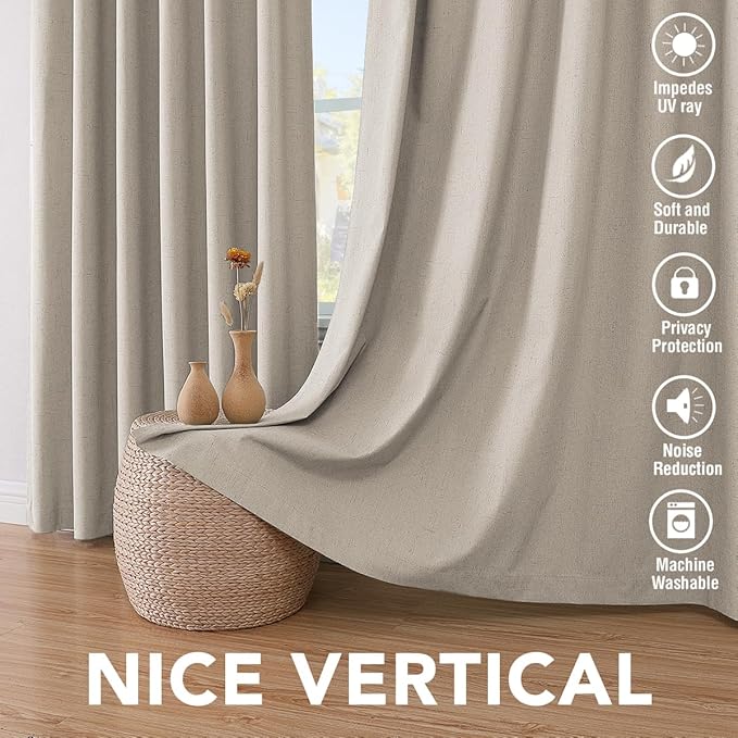 H.VERSAILTEX 100% Blackout Curtains for Bedroom Thermal Insulated Linen Textured Curtains Heat and Full Light Blocking Drapes Living Room Curtains 2 Panel Sets, Cobblestone, 42x84 Inch