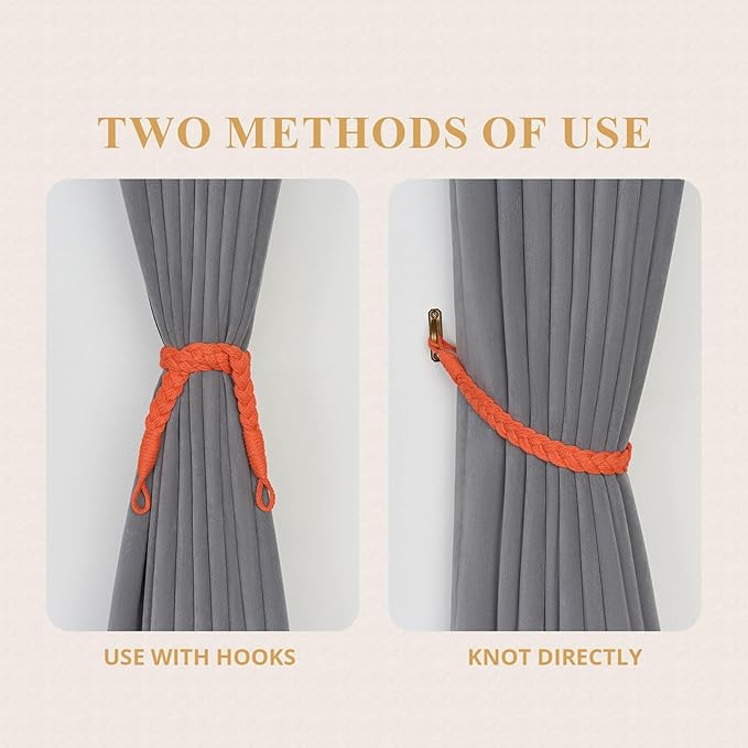 NICEEC 2 Pack Natural Cotton Rope Curtain Tiebacks Elegant Boho Style Decorative Drape Tie Backs Soft Hand-Woven Rope Curtain Holdbacks with Metal Hook for Home & Office Drapery (Orange)