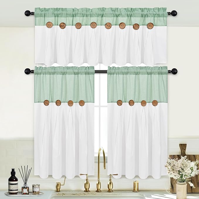 FRAMICS Boho Kitchen Curtains 36 Inch Length, Farmhouse Cotton Linen Tier Curtains, Rustic Button Short Curtains for Windows, Sage Green Country Cafe Curtains, Rod Pocket Small Window Curtains, 26x36