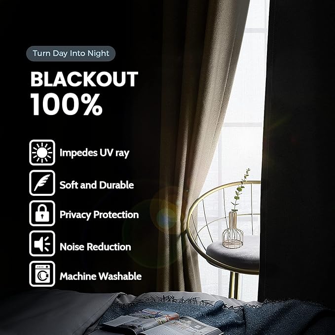 SimpleHome 100% Blackout Curtains for Bedroom,Thermal Insulated Beige Grommet Window Drapes Room Darkening Curtains for Living Room with Black Back,52 x 45 Inch,2 Panels