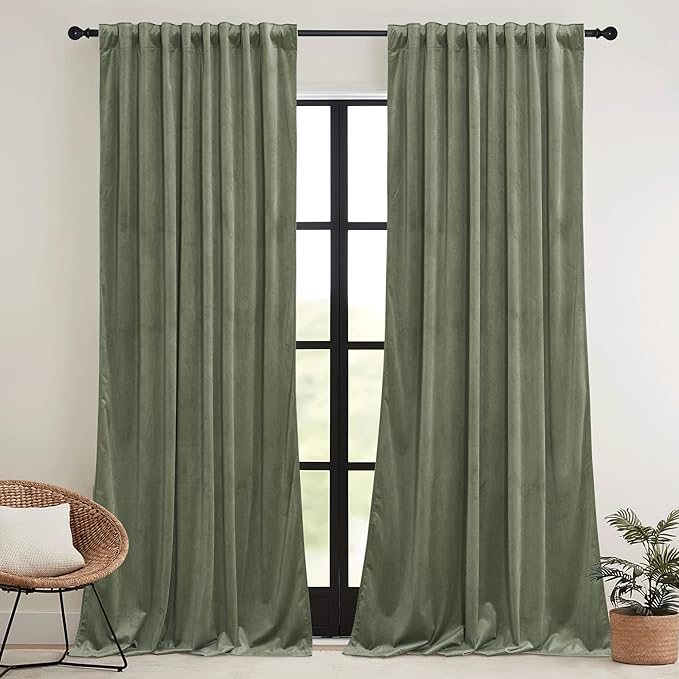 RYB HOME Sage Green Velvet Curtains 96 inch, Room Darkening Super Soft Velvet Drapes for Living Room Thermal Insulated Pleat Tapes Window Treatment for Bedroom Playroom, W52 x L96 inch, 2 Panels