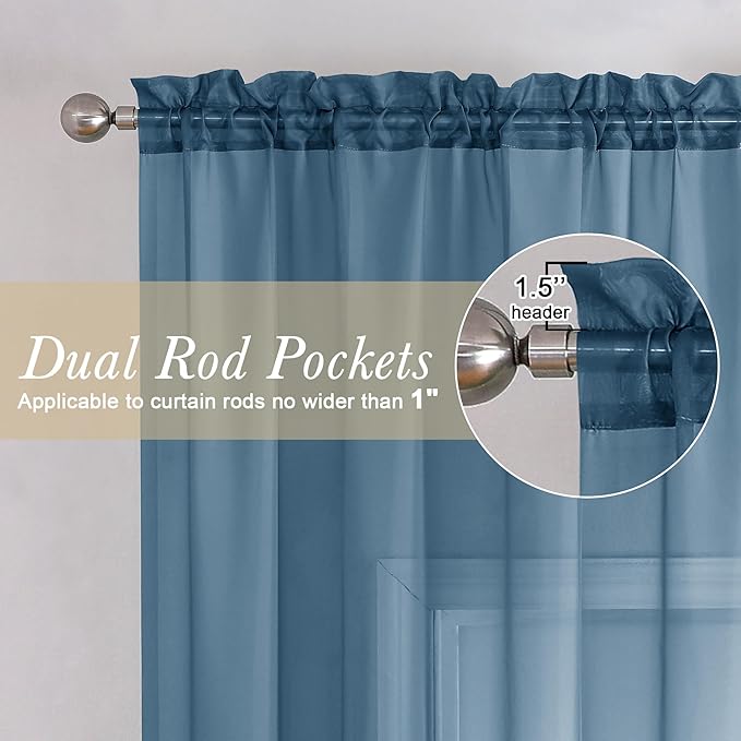 Lecloud Dusty Blue Sheer Curtains 84 Inches Long 2 Panels, Light Filtering Voile Curtain Drapes for Bedroom Windows, Dual Rod Pocket Living Room Window Treatments, 40" W x 84" L