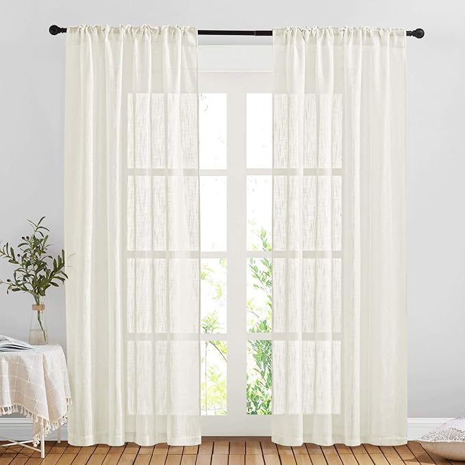 NICETOWN Linen Sheer Curtains and Drapes for Living Room, Rod Pocket & Back Tab Semitransparent with Light Through Vertical Window Treatments for Sliding Glass Door, Natural, W52 x L84, Set of 2