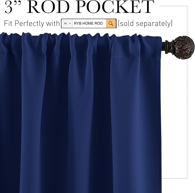RYB HOME Basement Bathroom Kitchen Cafe Blackout Privacy Curtains, Short Insulating Light UV Heat Blocking Privacy Curtain Tiers for Laundry Room, Width 34 by Length 30, Marine Blue, 2 Panels