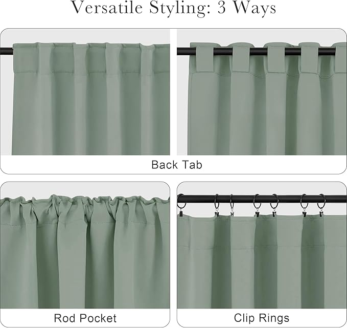Pony Dance Short Black Out Curtain Panels for Basement, Small Drapes for Bathroom, Thermal Insulated Tiers for Basement, 34x45 inch, 2 Window Curtain Panels, Sage Green