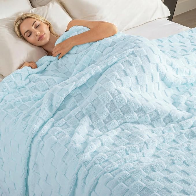Exclusivo Mezcla Queen Size Flannel Fleece Blanket, Super Soft and Warm Lightweight Checkered Pattern Blankets for All Seasons, 90x90 Inches, Light Blue
