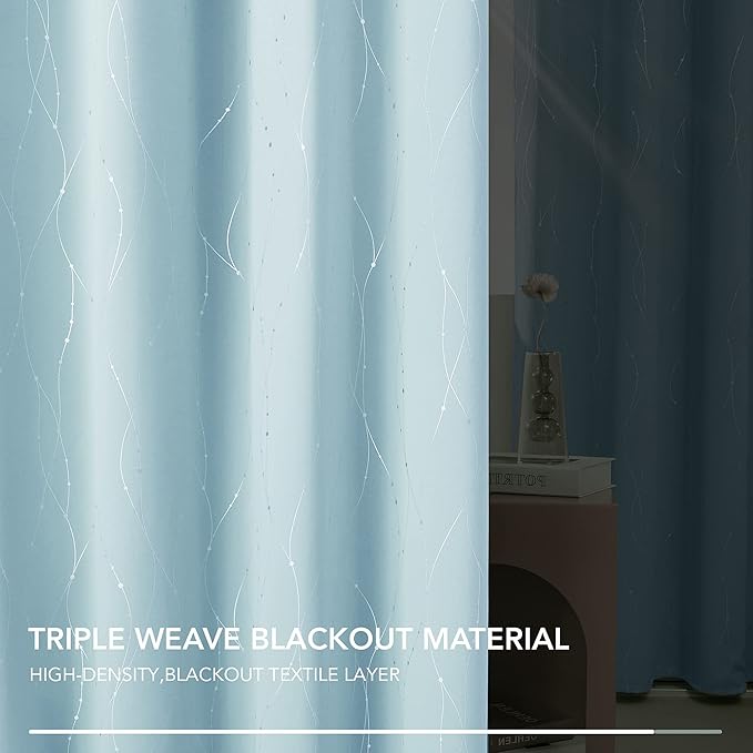 Deconovo Blackout Curtains, Thermal Insulated Soundproof Grommet Drapes, Wave Dot Foil Print, 42 x 84 Inch, Set of 2, Machine Washable Window Panel for Bedroom Living Room Nursery Kitchen, Light Blue