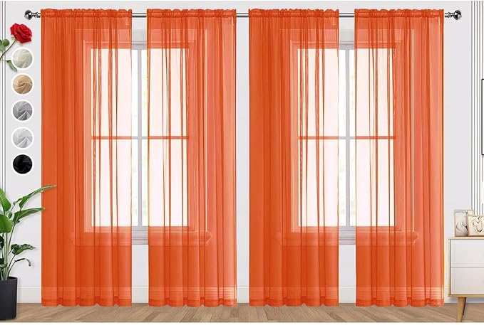 SpaceDresser Burnt Orange Sheer Curtains 4 Panels Rod Pocket Semi-Sheer Curtain 63 Inches Long Light Filtering Voile Window Drapes for Bedroom Living Room Kitchen, Each 52W x 63L