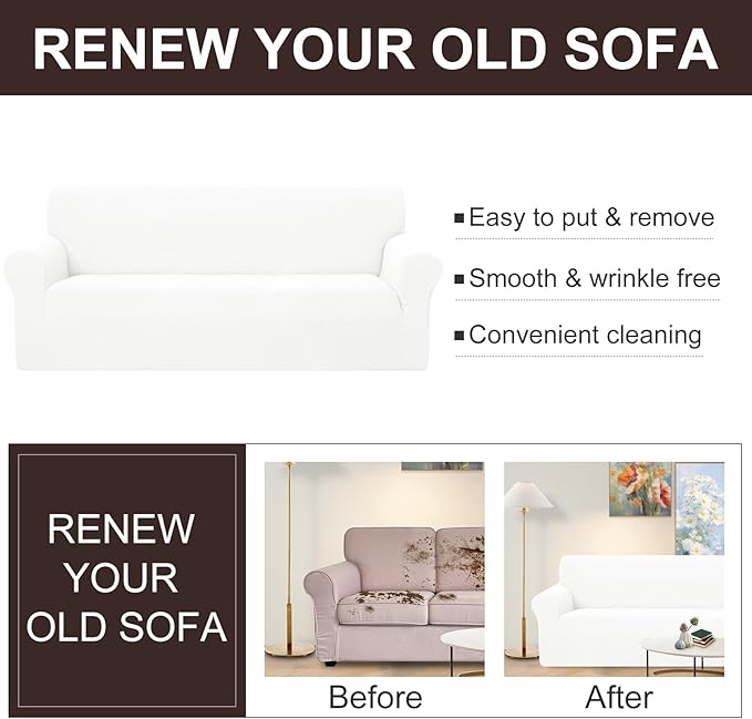 U-NICE HOME 4 Seater Stretch Couch Cover Sofa Cover Washable Sofa Slipcover Furniture Protector for 3 Cushion Couch Sofa Pet Friendly, Ivory White