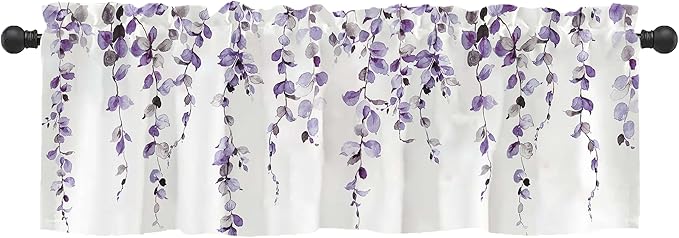 Watercolor Purple Leaves Window Valance for Bedroom Living Room, Lavender Leaf Vine Plant Curtains Valanes for Windows, 3" Rod Pocket Window Treatment for Home Decorations, 54 x 18 Inch, 1 Panel