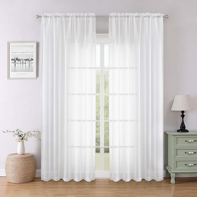 Lecloud White Sheer Curtains 84 Inches Long 2 Panels, Solid Airy Voile Extra Wide Curtain Drapes, Elegant Light Filtering Window Treatments for Living Room Bedroom with Dual Rod Pocket, 59" W x 84" L
