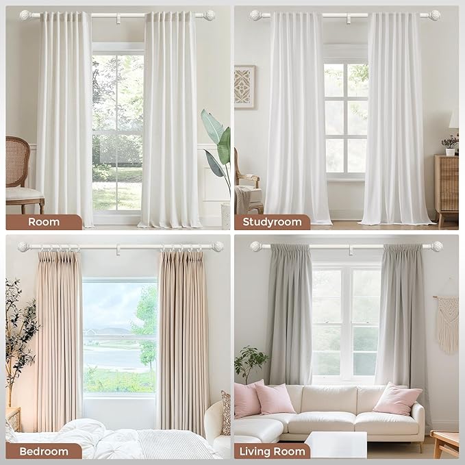 Antique White Curtain Rods for Windows 72 to 144 Inch, Adjustable Vintage Decorative 1'' Long Heavy Duty Curtain Rod, Rustic Farmhouse Drapery Pole Set with Boho Netted Texture Flower Finials