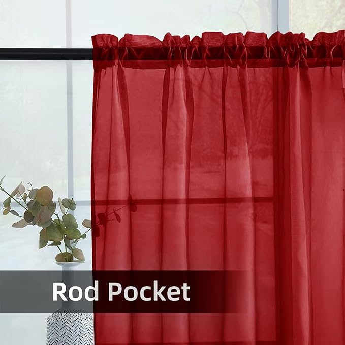 youleyar Solid Sheer Rod Pocket Curtain Voile Draperies 2 Panels White Beige Black Grey Ivory 52 Inch Width 84 Inch Long 1 Pair for Kitchen Bedroom Children Living Room Yard (Christmas Red,52Wｘ84L)