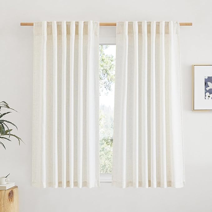 NICETOWN Natural Linen Kitchen Curtains 45 inches Long, Rod Pocket & Back Tab Semi Sheer Flax Linen Window Treatments Privacy with Light Filtering for Kids Room, W52 x L45, 2 Pieces