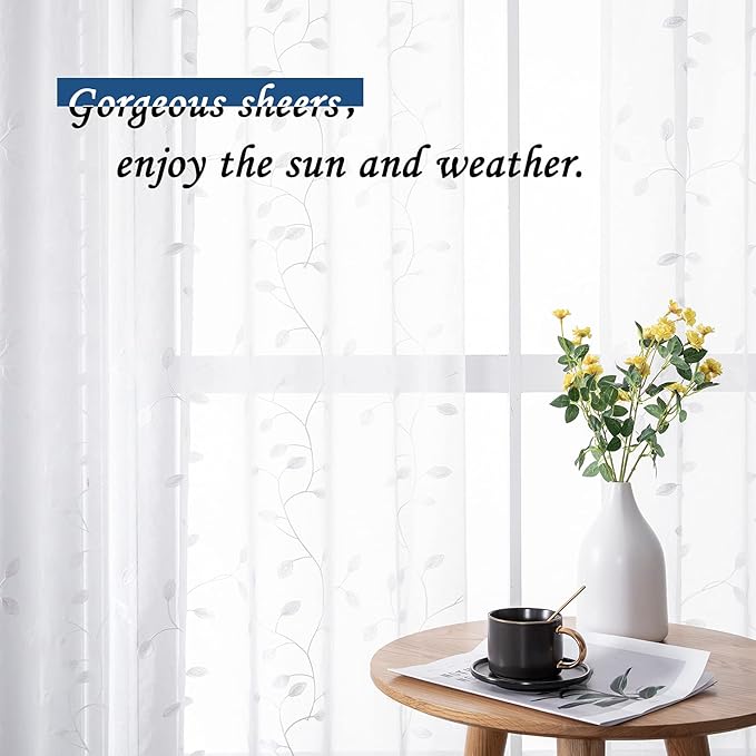 MRTREES Sheer Valance Curtain, Christmas Sheer Curtains Valances Rod Pocket, Voile Leaves Embroidered Curtain Panels for Bedroom Living Room Window Treatment(1 Panel, 54x16 Inches, White Leaves)