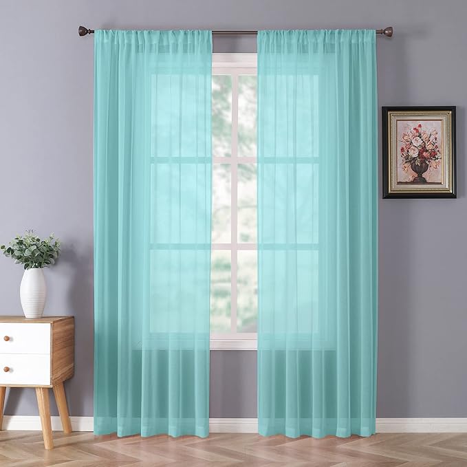 Tollpiz Sheer Curtain Linen Textured Bedroom Curtains Sheer Light Filtering Rod Pocket Voile Curtain for Living Room, 54 x 95 inches Long, Crystal Blue, Set of 2 Panels